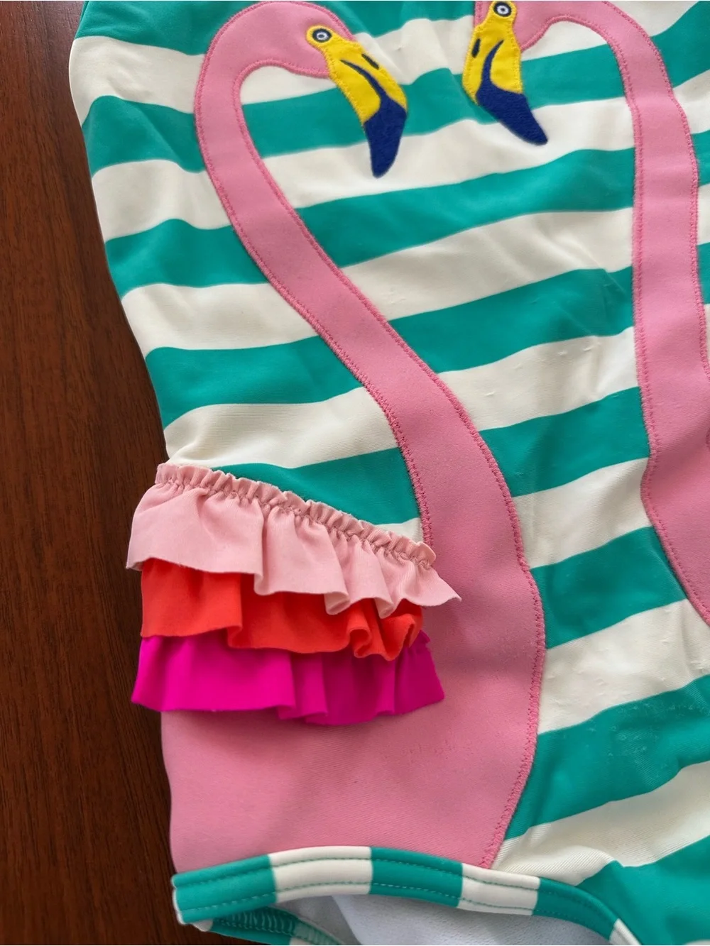 Mini Boden Girls Teal Stripe Flamingo Ruffle One-Piece Swimsuit - Pink Accents